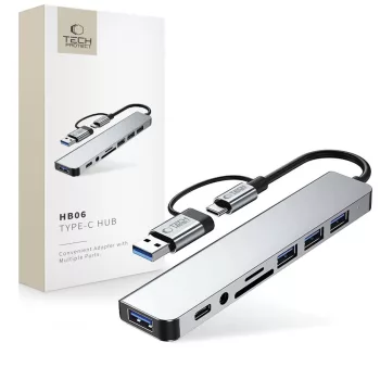   TECH-PROTECT HB06 HUB ADAPTER 9IN1 TYPE-C + USB2.0 + USB3.0 + SD/TF + AV3.5, USB-HUB, szürke