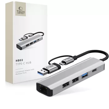   TECH-PROTECT HB03 HUB ADAPTER 5IN1 TYPE-C + USB2.0 + USB3.0 + RJ45, USB-HUB, szürke