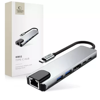   TECH-PROTECT HB02 HUB ADAPTER 6IN1 TYPE-C + USB2.0 + USB3.0 + HDMI 4K 30HZ + RJ45 + PD100W, USB-HUB, szürke