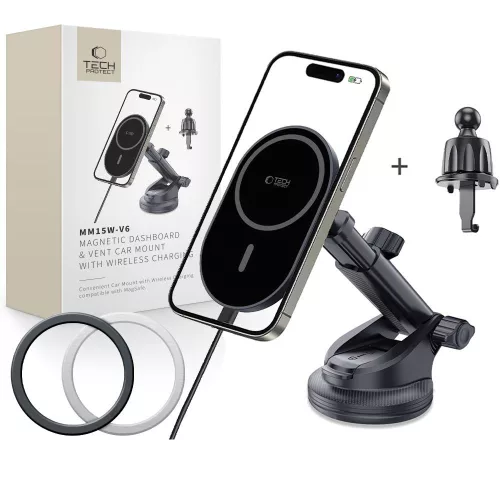 TECH-PROTECT MM15W-V6 MAGNETIC MAGSAFE DASHBOARD & VENT CAR MOUNT vezeték nélküli töltő 15W,, fekete