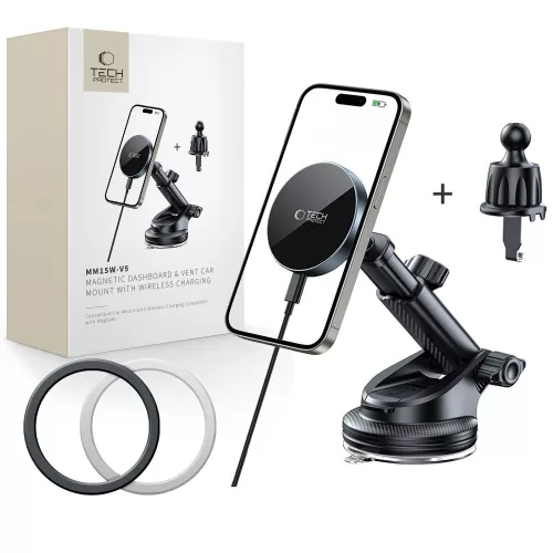 TECH-PROTECT MM15W-V5 MAGNETIC MAGSAFE DASHBOARD & VENT CAR MOUNT vezeték nélküli töltő 15W,, fekete