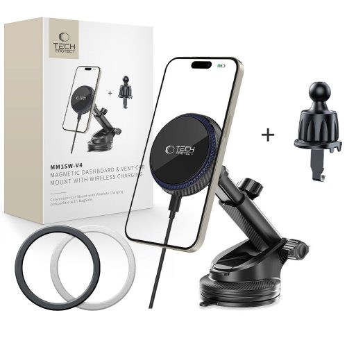 TECH-PROTECT MM15W-V4 MAGNETIC MAGSAFE DASHBOARD & VENT CAR MOUNT vezeték nélküli töltő 15W, fekete