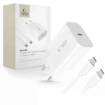   TECH-PROTECT NC20W 1-PORT hálózati töltő PD20W + TYPE-C kábel, fehér