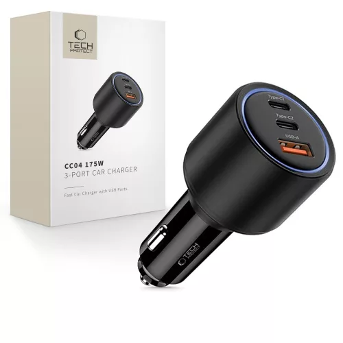 TECH-PROTECT CC04 3-PORT autós töltő PD175W, fekete