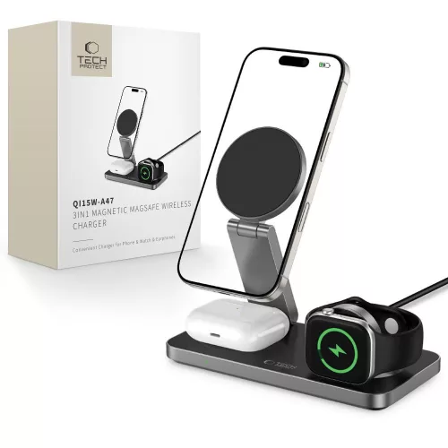 TECH-PROTECT QI15W-A47 3IN1 MAGNETIC MAGSAFE vezeték nélküli töltő, fekete