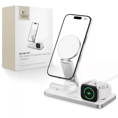 TECH-PROTECT QI15W-A47 3IN1 MAGNETIC MAGSAFE vezeték nélküli töltő, fehér