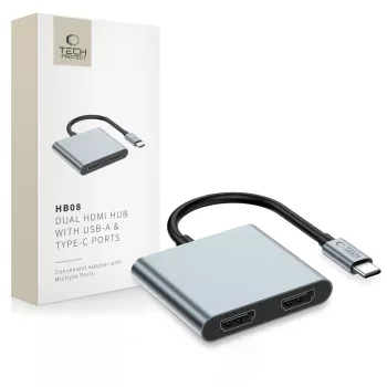  TECH-PROTECT HB08 HUB ADAPTER 4IN1 TYPE-C + USB2.0 + 2 x HDMI 4K 60HZ, USB-HUB, szürke