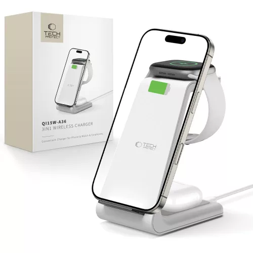TECH-PROTECT QI15W-A36 3IN1 WIRELESS CHARGER APPLE készülékekhez, fehér