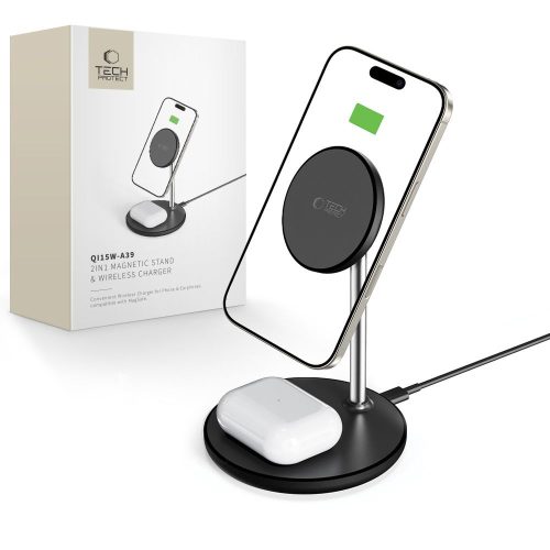 TECH-PROTECT QI15W-A39 2IN1 MAGNETIC MAGSAFE vezeték nélküli töltő, fekete