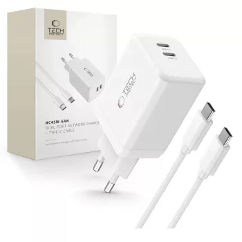   TECH-PROTECT NC45W-GAN 2-PORT hálózati töltő PD45W + TYPE-C kábel, fehér