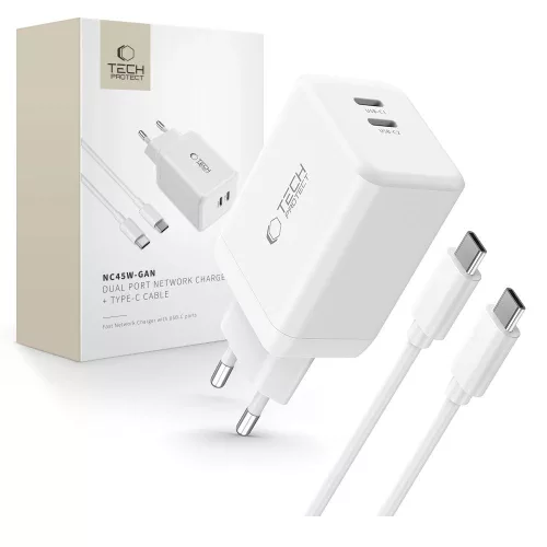 TECH-PROTECT NC45W-GAN 2-PORT hálózati töltő PD45W + TYPE-C kábel, fehér