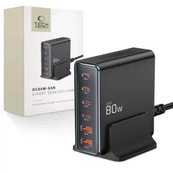   Tech-protect DC80W-GAN 6-PORT PD80W/QC3.0 Charging Station, USB-HUB, fekete