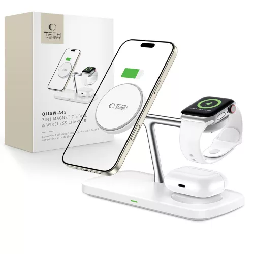 Tech-Protect QI15W-A45 3in1 vezeték nélküli töltő with MagSafe for Apple Devices, fehér