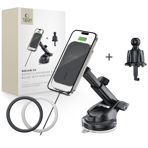 TECH-PROTECT MM15W-V9 MAGNETIC MAGSAFE DASHBOARD & VENT CAR MOUNT vezeték nélküli töltő 15W, fekete