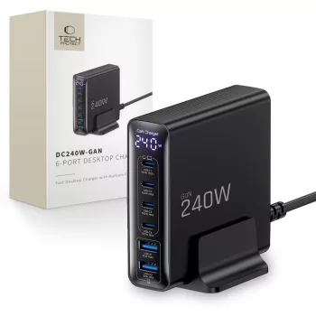   Tech-Protect DC240W,-GaN Charging Station 6 Ports 4 x USB-C 2 x USB-A 240W, QC3.0, USB-HUB, fekete