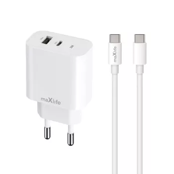   Maxlife MXTC-06-20AC PD QC hálózati töltő 1x USB-C 1x USB 20W, fehér + USB-C - USB-C kábel 20W
