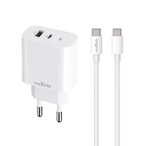Maxlife MXTC-06-20AC PD QC hálózati töltő 1x USB-C 1x USB 20W, fehér + USB-C - USB-C kábel 20W