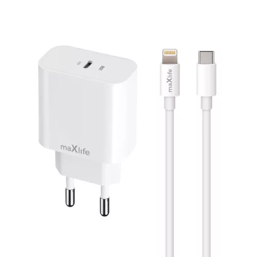 Maxlife MXTC-06-20C PD QC 1x USB-C 20W, + USB-C Lightning 20W, kábel, fehér
