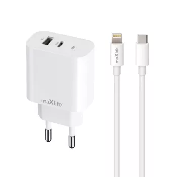   Maxlife MXTC-06-20AC PD QC hálózati töltő 1x USB-C 1x USB 20W, fehér + USB-C - Lightning kábel 20W