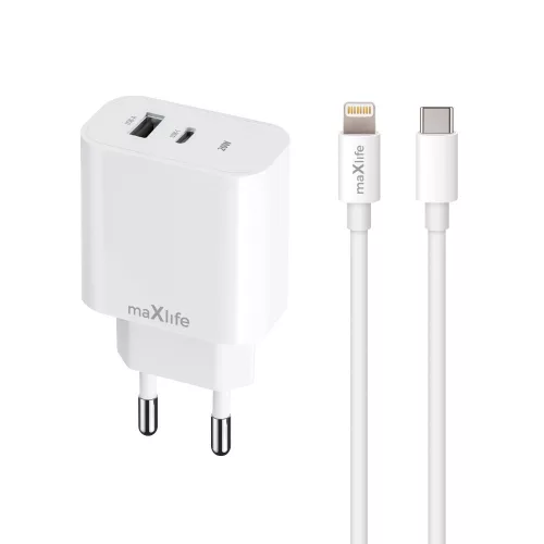 Maxlife MXTC-06-20AC PD QC hálózati töltő 1x USB-C 1x USB 20W, fehér + USB-C - Lightning kábel 20W