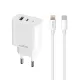 Maxlife MXTC-06-20AC PD QC hálózati töltő 1x USB-C 1x USB 20W, fehér + USB-C - Lightning kábel 20W