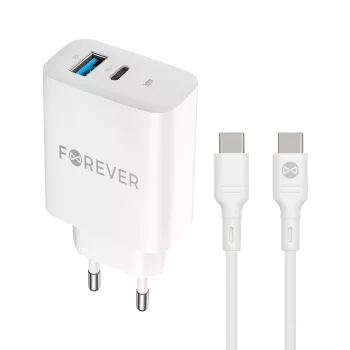   Forever TC-07-30AC PD QC hálózati töltő 1x USB-C 1x USB 30W, fehér + USB-C - USB-C kábel 60W