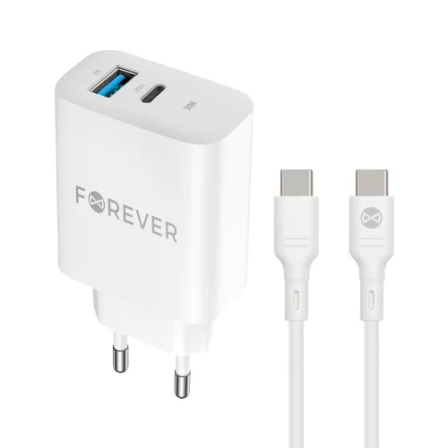 Forever TC-07-30AC PD QC hálózati töltő 1x USB-C 1x USB 30W, fehér + USB-C - USB-C kábel 60W