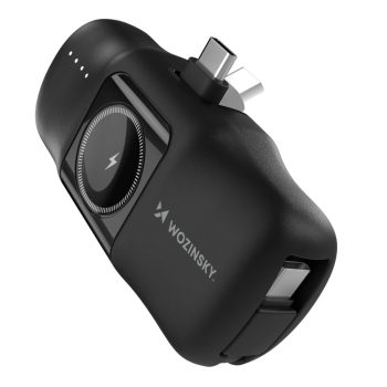   Wozinsky WF16-YCS mini powerbank 5000mAh 15W Type-C csatlakozóval, beépített Type-C kábellel + vezeték nélküli Apple Watch töltés, fekete