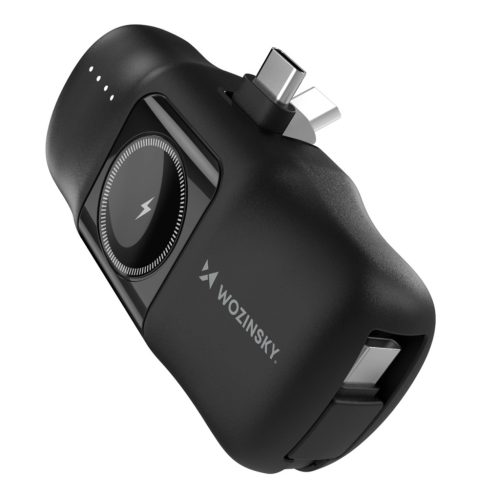 Wozinsky WF16-YCS mini powerbank 5000mAh 15W Type-C csatlakozóval, beépített Type-C kábellel + vezeték nélküli Apple Watch töltés, fekete