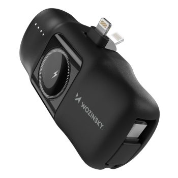   Wozinsky WF16-YLS mini powerbank 5000mAh 15W Lightning csatlakozóval, beépített Type-C kábellel + vezeték nélküli Apple Watch töltés, fekete