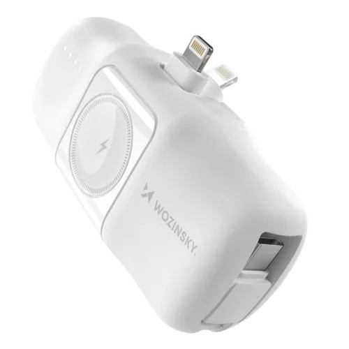 Wozinsky WF16-YLS mini powerbank 5000mAh 15W Lightning csatlakozóval, beépített Type-C kábellel + vezeték nélküli Apple Watch töltés, fehér
