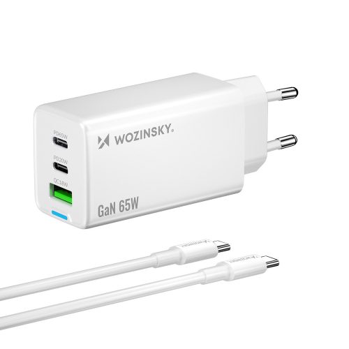 Wozinsky GaN 65W Charger with 2xUSB-C USB Ports with 65W CC kábel, fehér