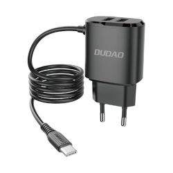   Dudao Wall Charger hálózati töltő, 2xUSB, 5V/2.4A, 12W, USB-C kábellel, fekete