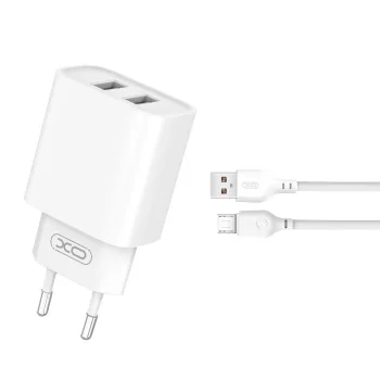   XO hálózati töltő CE02C 2x USB 2,1A, fehér + microUSB kábel