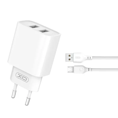 XO hálózati töltő CE02C 2x USB 2,1A, fehér + microUSB kábel
