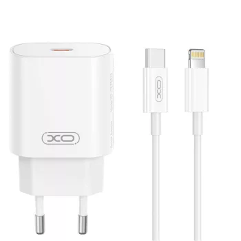   XO hálózati töltő CE25 PD 25W 1x USB-C, fehér + kábel USB-C - Lightning