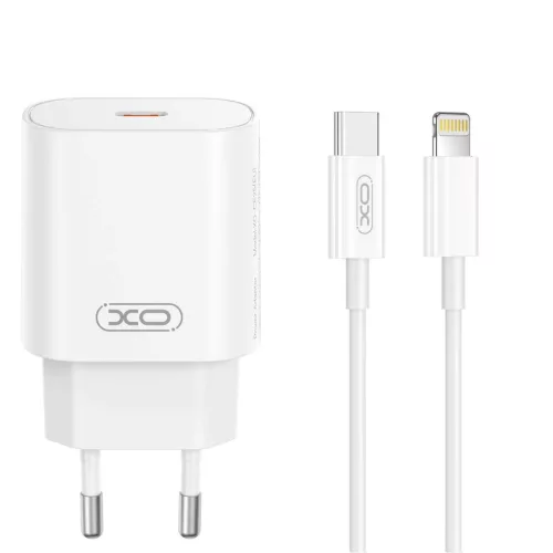 XO hálózati töltő CE25 PD 25W 1x USB-C, fehér + kábel USB-C - Lightning