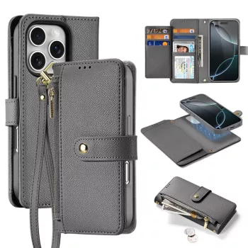   Dux Ducis Lawa iPhone 16 Pro Leather Case Detachable Magnetic Wallet tok, szürke