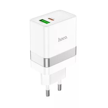   HOCO hálózati töltő USB A + Typ C PD QC3.0 3A 30W N21, fehér
