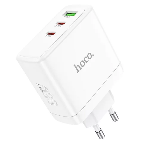 HOCO hálózati töltő 2 x Type C + USB A QC PD 65W GaN N30, fehér