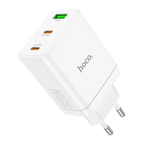 HOCO hálózati töltő 2 x Type C + USB A PD QC3.0 3A 35W N33, fehér