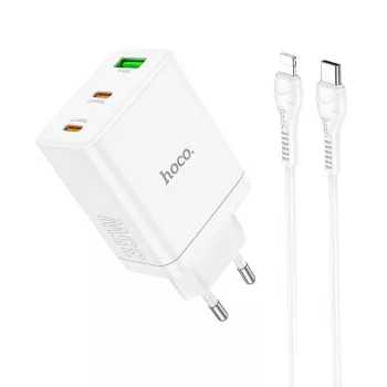   HOCO hálózati töltő 2 x Type C + USB A + kábel Type C to Lightning PD QC3.0 3A 35W N33, fehér