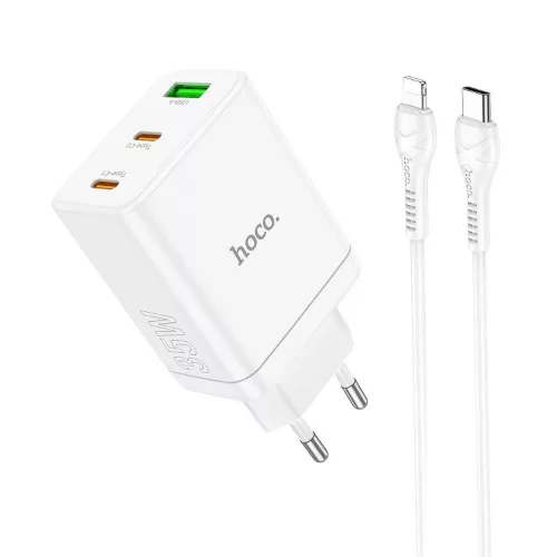 HOCO hálózati töltő 2 x Type C + USB A + kábel Type C to Lightning PD QC3.0 3A 35W N33, fehér