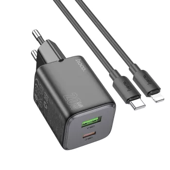  HOCO hálózati töltő USB A + Type C + kábel Type C to Lightning PD QC 3A 20W N41, fekete