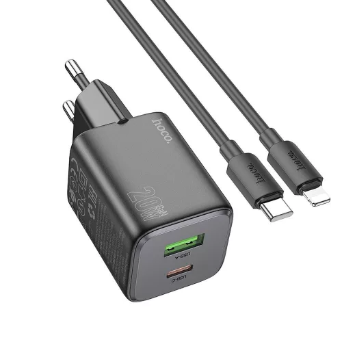 HOCO hálózati töltő USB A + Type C + kábel Type C to Lightning PD QC 3A 20W N41, fekete