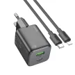 HOCO hálózati töltő USB A + Type C + kábel Type C to Lightning PD QC 3A 20W N41, fekete