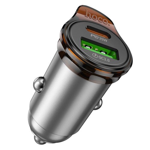 HOCO autós töltő USB A + Type C + kábel Type C to Type C PD QC3.0 43W NZ16A, metálszürke