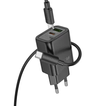   HOCO hálózati töltő USB A + Type C + kábel Type C to Lightning PD QC3.0 3A 20W N61, fekete