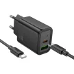 HOCO hálózati töltő USB A + Type C + kábel Type C to Lightning PD QC3.0 3A 20W N61, fekete