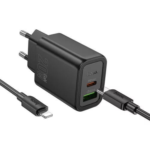 HOCO hálózati töltő USB A + Type C + kábel Type C to Type C PD QC3.0 3A 20W N61, fekete